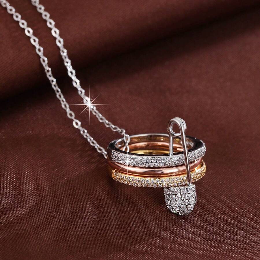 1pc Women's Necklace With Triple Circle Cubic Zirconia Pendant Design, Casual Holiday Gift - Multicolor - View 1