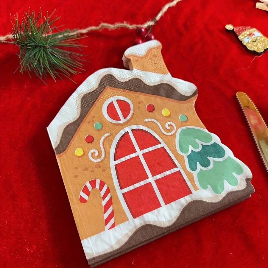 QILJH-A Set von Feiertags-Lebkuchenhaus-Taschentüchern | Einweg-Tischservietten mit Weihnachts- und Feiertags-Motiven, gestaltet mit Zuckerstangen, Bäumen und Schneeflocken | Perfekt für Weihnachtsfeiern und Winterfeiern, Weihnachtsdekoration, Zubehör für Weihnachtsveranstaltungen und thematische Einweg-Tischservietten für Geburtstagspartys - DUOSE - Übersicht 1