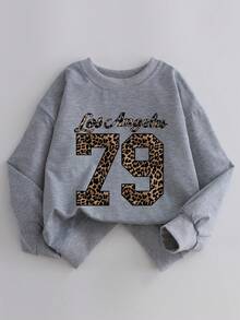 Tween Girls Letter Printed Simple Round Neck Long Sleeve Casual Top Sweatshirt - Grey - View 3