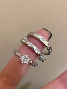 1 Set Of 3 Minimalist Plain Band Adjustable Rings With Rhinestones, Suitable For Women's Daily, Festival, And Party Wear