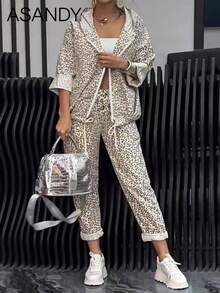 Women's Fall Winter Bestselling Pants Set - Random Print Hooded Top & Straight Leg Trousers, Casual Daily Outfit Spring - Apricot - View 4