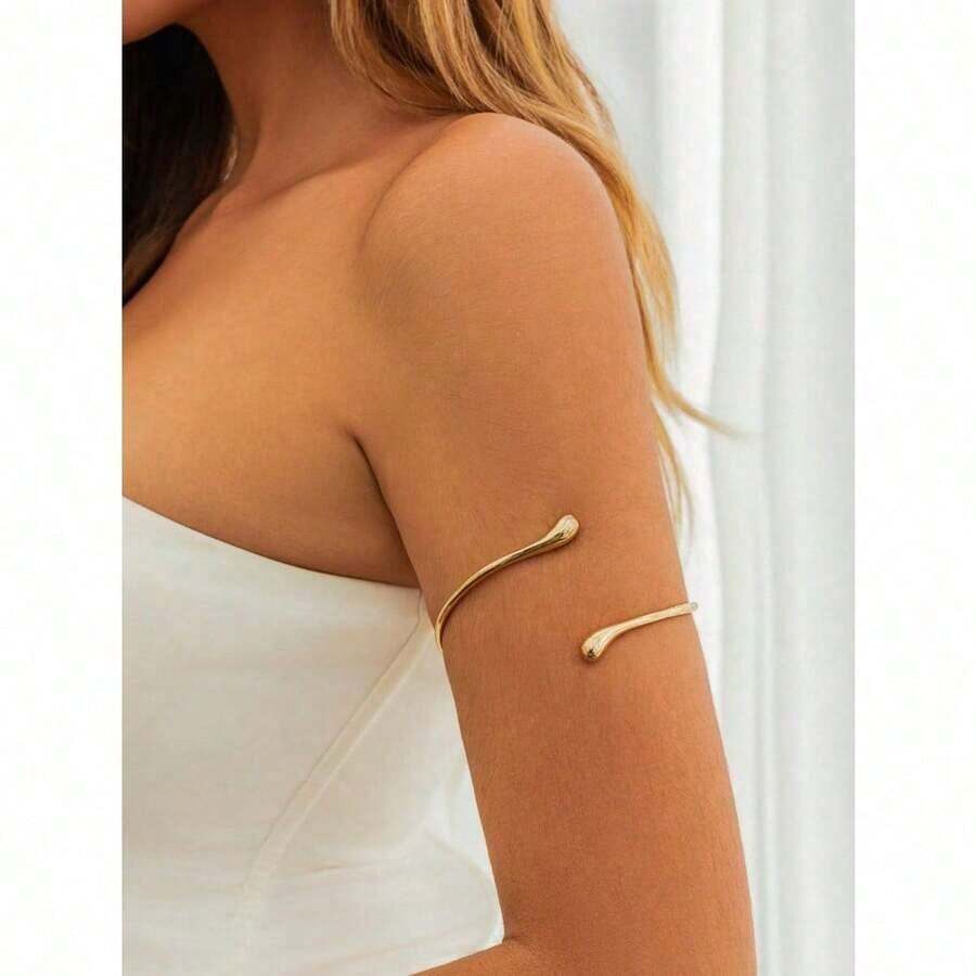 1 Piece Of European And American Minimalist And Personalized Design With An Open Arm Chain Fashion Armband Gold Jewelry Plain Ring Arm Ring Halloween Jewelry - 黃金 - 查看 1