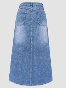 女式前扣口袋简约牛仔裙，休闲日常穿着 - 藏蓝色 - 查看 3