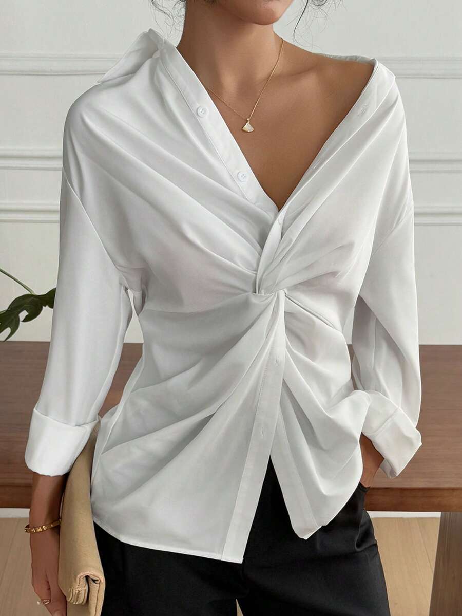 女士纯色落肩长袖扭结前襟衬衫