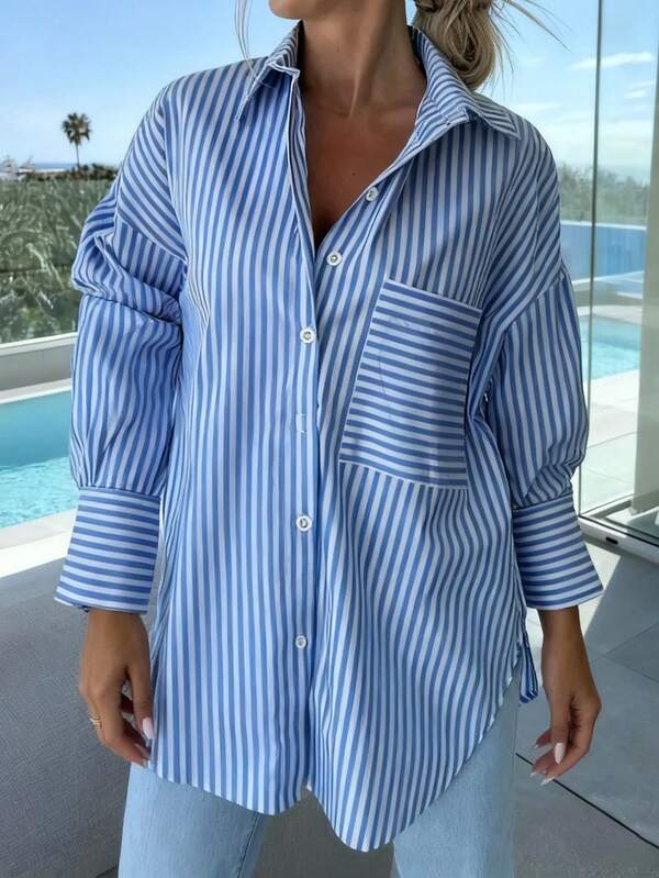 Plus Women's Striped Printed Button Up Lapel Shirt