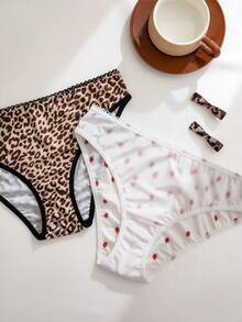 5pcs/Pack Women's Seamless Breathable Strawberry & Leopard Print Panties