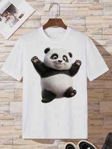 Happy Panda Bear Toy, Versatile T- Shirt, Funny T Shirts, Perfect For A Laid- Back Look During Errands Or Casual Outings, Casual T-Shirt Graphic Tees, 100 Percent Cotton Shirts, White Street Graphic Tees, Men's T-Shirt, Funny Graphic Vintage T Shirts, S-XXXL - 白色-3 - 查看 1