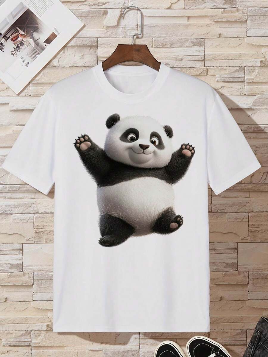 Happy Panda Bear Toy, Versatile T- Shirt, Funny T Shirts, Perfect For A Laid- Back Look During Errands Or Casual Outings, Casual T-Shirt Graphic Tees, 100 Percent Cotton Shirts, White Street Graphic Tees, Men's T-Shirt, Funny Graphic Vintage T Shirts, S-XXXL - 白色-3 - 查看 1