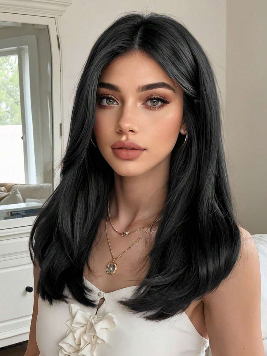 16 Inch Long Straight Wig With Bangs, Suitable For Women, Synthetic Hair Wig, Suitable For Girls Daily Party Wear, Black Heat-Resistant Long Curly Hair