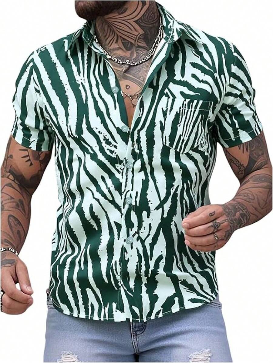 Men's Hawaiian Zebra Print Shirt Button Up Short Sleeve Collar Animal Print Shirt Tops Cheetah Print Topshalloween - 豹紋綠 - 查看 1