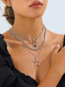 3pcs Y2K Retro Gothic Punk Rock Style Rhinestone Star Chain, Thick Chain Big Star Pendant Necklace, Stainless Steel Necklace, Ins Hiphop Boho Star Necklace Jewelry Set
