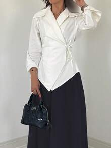 Áo sơ mi nữ dài tay thắt eo, màu trơn độc đáo, chất liệu polyester, thích hợp cho mùa xuân/hè. - trắng - Xem 5