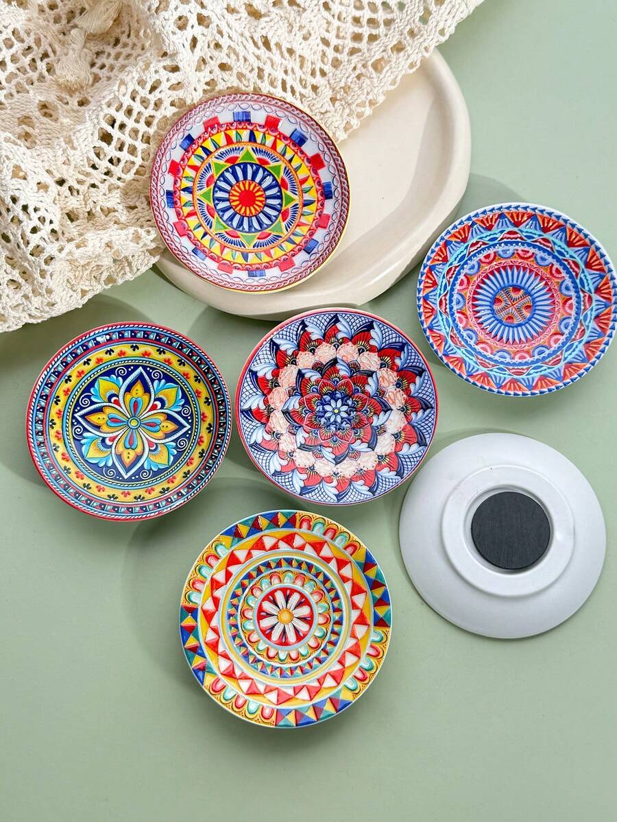 1pc Vintage Bohemian Symmetrical Floral Pattern Embossed Gold Foil Ceramic-Look Refrigerator Magnet, Home Decor, Photo Memo Board, Storage, Birthday Gift