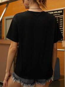 Racing Team Graphic Print T Shirt 220g Sports Women's Casual 100% Cotton Tee 1pcs Relaxed Fit Stylish Top - 黑色 - 查看 2