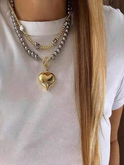 1 Set de 2 piezas Collar con cuentas con diseño exagerado de corazón cibernético