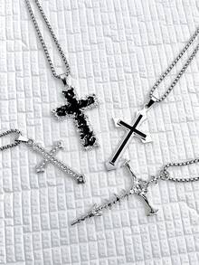 1 件简约水钻镶嵌十字架不锈钢项链，长款多层项链，适合日常佩戴，男女通用