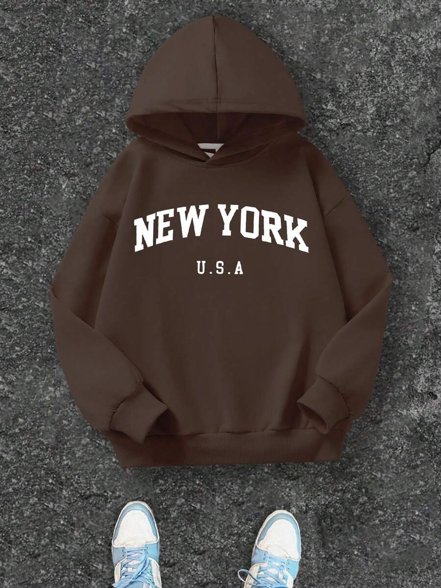 Teen Boy Letter Printed Patterns, Casual Hooded Sweatshirt, Suitable For Autumn And Winter Seasons, Travel, Party And School Matching Suitable For Daily Wear, Graduation, Homecoming, Graduation Ceremony, Teacher, Homecoming, Party, Travel Pullover, Children's Clothes Girls, Girls' Clothes - Brown - View 1