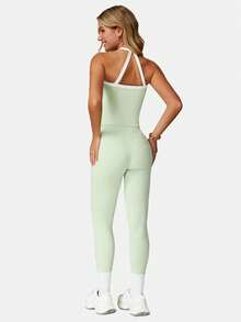 MFVIM 女士春夏运动文胸紧身裤套装 - 撞色运动上衣和弹力裤，日常休闲、户外活动、跑步、骑行、瑜伽、普拉提、健身房锻炼必备 - 薄荷綠 - 查看 9