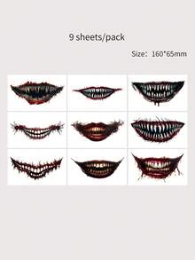 9 foi înfricoșător gura mare tatuaje temporare zombie vampir clovn realist impermeabil Halloween față tatuaj autocolante farsă recuzită horror machiaj față pentru festival bal cosplay petrecere de Halloween