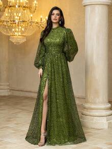 UNITHORSE 女式立领灯笼袖轻奢亮片高开衩长款晚礼服正式晚宴礼服、婚礼宾客礼服、晚宴礼服、颁奖典礼 - 綠色 - 查看 2