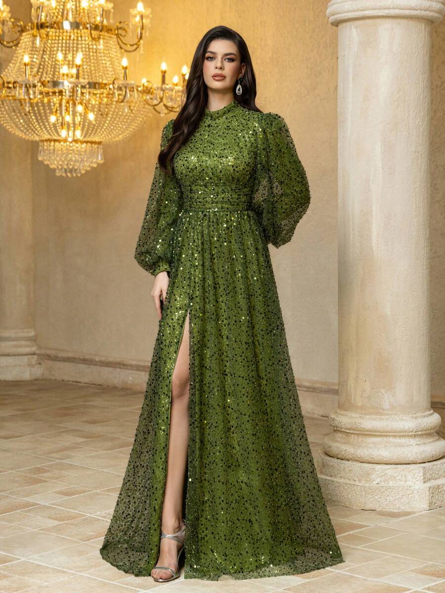 UNITHORSE 女式立领灯笼袖轻奢亮片高开衩长款晚礼服正式晚宴礼服、婚礼宾客礼服、晚宴礼服、颁奖典礼