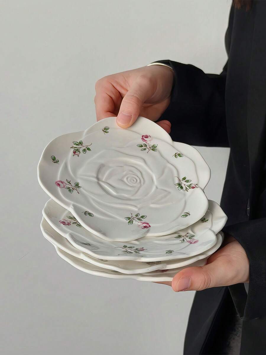 1/2/4pcs Asymmetrical Floral Ceramic Plates, Korean Ins-Style Petal Rose Ceramic High-Quality Plates, Snack/Fruit/Halloween Candy/Christmas Dessert Plates, Suitable For Home, Party, And Gifts - Nhiều màu - Xem 1