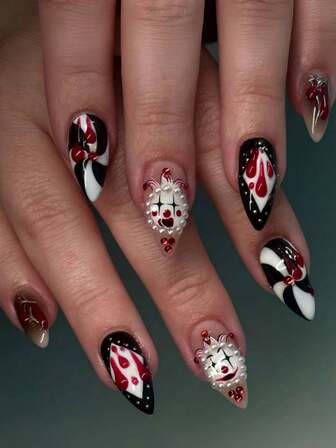 24PCS Circus Clown Grimace Blood Drop Stripe Diamond Almond Fake Nails Film Halloween Press On Nail