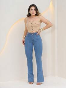 Women's Flare Jeans, High Waist, Bell Bottom - 水瓶藍 - 查看 1