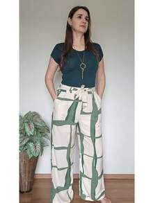 Printed High-Waisted Palazzo Pants With Pockets, Lining And Ties - Pantalones Green Waves - Ver 4