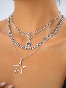 3pcs Y2K Retro Gothic Punk Rock Style Rhinestone Star Chain, Thick Chain Big Star Pendant Necklace, Stainless Steel Necklace, Ins Hiphop Boho Star Necklace Jewelry Set