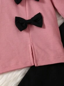 2件套年轻女孩休闲蝴蝶结装饰上衣和裤子套装 - 珊瑚粉 - 查看 5