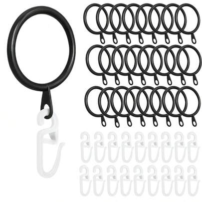 30mm/1.18" Black & Silver Curtain Rings, Plastic Curtain Hooks, Metal Curtain Rings, Hanging Rings And Curtain Hooks, Suitable For Window Rods, Shower Curtain Hooks Christmas Decor