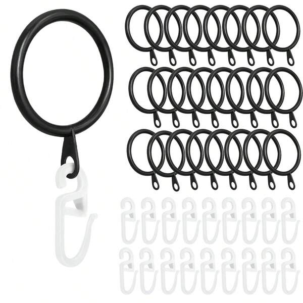 30mm/1.18" Black & Silver Curtain Rings, Plastic Curtain Hooks, Metal Curtain Rings, Hanging Rings And Curtain Hooks, Suitable For Window Rods, Shower Curtain Hooks Christmas Decor