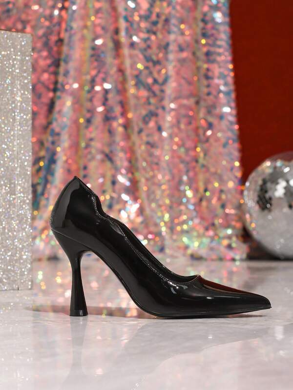 Tacones de punta para mujer, diseño exclusivo de tacones altos delgados de cuero patentado brillante, zapatos sexy para vestidos de fiesta, color negro