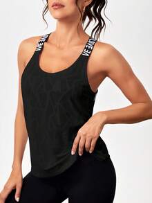 SHEIN Sports Áo ba lỗ thể thao dệt jacquard khoét rỗng - màu đen - Xem 1