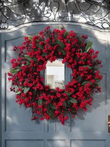 1 Stück Künstlicher Weihnachtskranz mit roten Beeren für Haustür, Winterkranz mit roten Beeren für Innen- und Außenbereich, Weihnachts- und Winterdekoration, Fröhliche Weihnachten