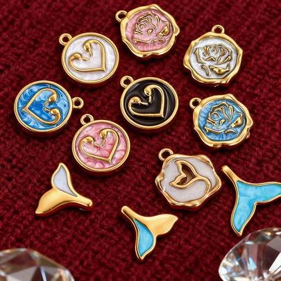 1/5 件 304 不锈钢 18K 镀金珐琅蓝色美人鱼尾海洋心形花朵迷人吊坠，手工制作的手链项链，海滩派对装，女士礼物，女士不锈钢首饰吊坠 DIY 首饰制作项链配饰手链珠饰