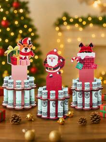 3pcs Christmas Wooden Money Holder Decoration Ornament, Charming Christmas Chimney Old Man Elk Pattern Wooden Money Holders, Festive Ornament Money Dispenser For Winter Holiday Party Decor, Christmas Ornament Money Holder