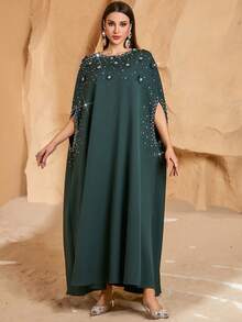 Vestido elegante y conservador de estilo árabe para mujer con adornos de cuentas - Verde Oscuro - Ver 6