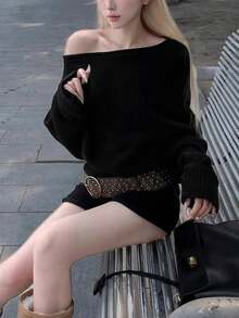 2025秋冬女士黑色露肩毛衣外套，宽松针织套头衫 - 黑色 - 查看 3