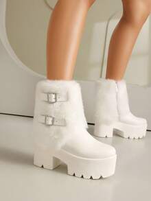 时尚厚底防水人造毛皮靴，女士侧拉链中筒靴，厚底圣诞踝靴 - 白色 - 查看 3