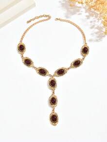 1 chiếc vòng cổ dài tua rua hình chữ Y đính đá quý màu đỏ giả thời trang cổ điển, trang sức to bản, vòng cổ vàng dày hình học sang trọng phong cách Baroque của Pháp, phù hợp cho trang phục hàng ngày, dự tiệc, dự tiệc của phụ nữ - Vàng - Xem 4