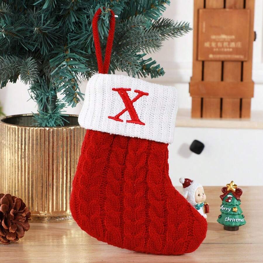 Christmas Stocking Knit Sock Alphabet Letters Gift Bags Xmas Tree Hanging Decor- - X - View 1