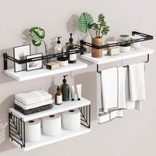 Tomnk Wall Mounted Bathroom Shelves Over Toilet, Rustic Wood Floating Shelves With Metal Frame And Towel Bar For Bathroom, Kitchen, Bedroom, Living Room Back To School