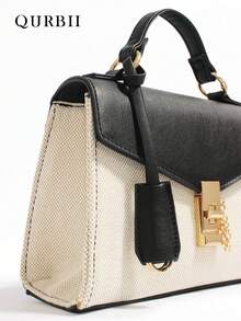 1pc Large Capacity Commuter Chic Tote Bag, Faux Leather & Fabric Patchwork Flap Lock Handbag, Elegant Shoulder Bag With Detachable Strap, Suitable For Daily Commute, Shopping, Dating, Holiday Gifts For Mom