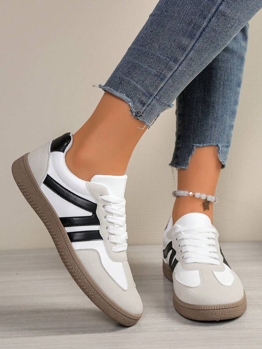 厚底运动鞋，Y2K风格，户外运动鞋，撞色运动鞋，经典复古运动黑白条纹拼接圆头系带女鞋，耐穿灵活休闲鞋，系带设计 - 黑色 - 查看 1