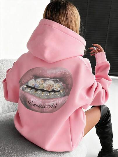 Ciepłe damskie bluzy z kapturem, sportowe bluzy damskie na jesień i zimę, spersonalizowane różowe bluzy z nadrukiem ust i zębów, gotycki mroczny styl, seksowny Y2K, słodki dziewczęcy styl, styl domowy/sportowy/preppy, miękkie i oddychające bluzy outdoorowe, bluzy z długim rękawem na zimną pogodę, bluzy z okrągłym dekoltem, odzież festiwalowa