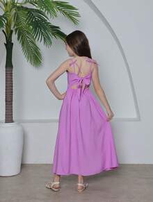LONG DRESS FOR CHILDREN, YOUNG GIRL, PLAIN, TIE-UP STRAPS, RUFFLED TANK TOP - 中紫紅色 - 查看 2