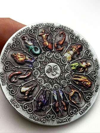 12 monedas conmemorativas plateadas antiguas con relieve de los signos del zodíaco, medallas de colores, insignias de metal, monedas antiguas estadounidenses de desafío