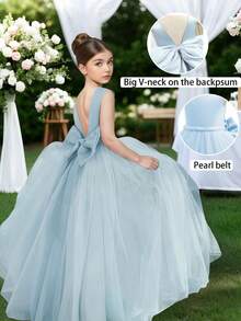 Vestido largo elegante de tul azul con decoración de lazo y perlas falsas para niña preadolescente, vestido de niña de las flores para boda, vestido de princesa, vestido de graduación formal, vestido de novia, para ocasiones al aire libre, Pascua - Azul - Ver 6